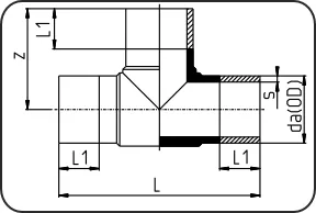 T-komad, 300mm produžen, brizganje+zavarivanje, čeono + elektrofuzijsko zavarivanje, PE 100-RC crna – kod 006.6